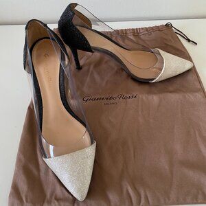 Gianvito Rossi White/Black Leather/PVC/Glitter Plexi Pumps Size 36